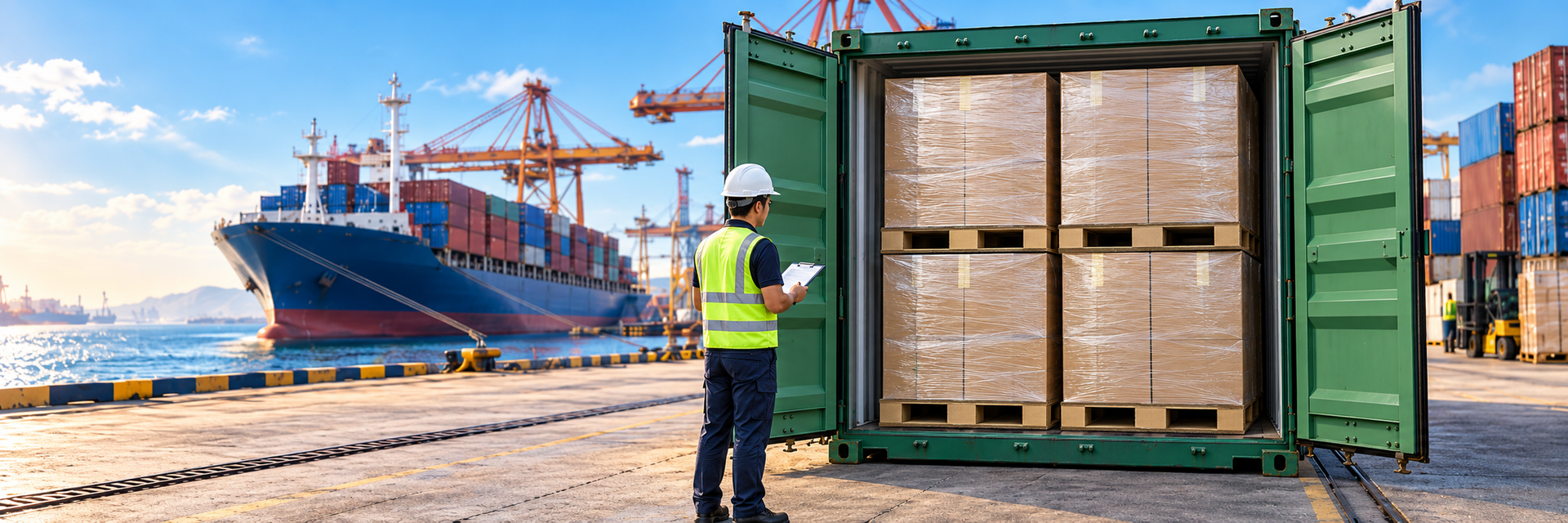 Dockworker inspecting cargo boxes in a shipping container at a busy port with cranes and a cargo ship in the background