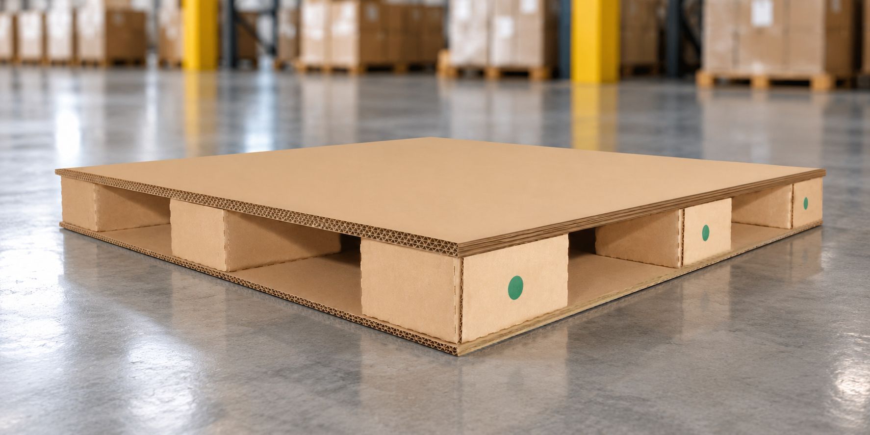 Corrugated cardboard shipping pallet resting on a warehouse floor.