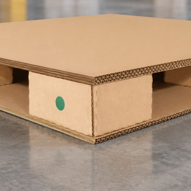 Corrugated cardboard shipping pallet resting on a warehouse floor.