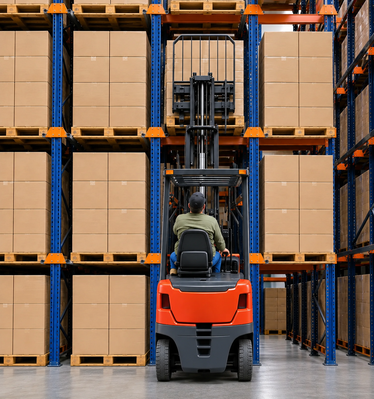 Forklift moving between stacked cardboard boxes in a warehouse aisle