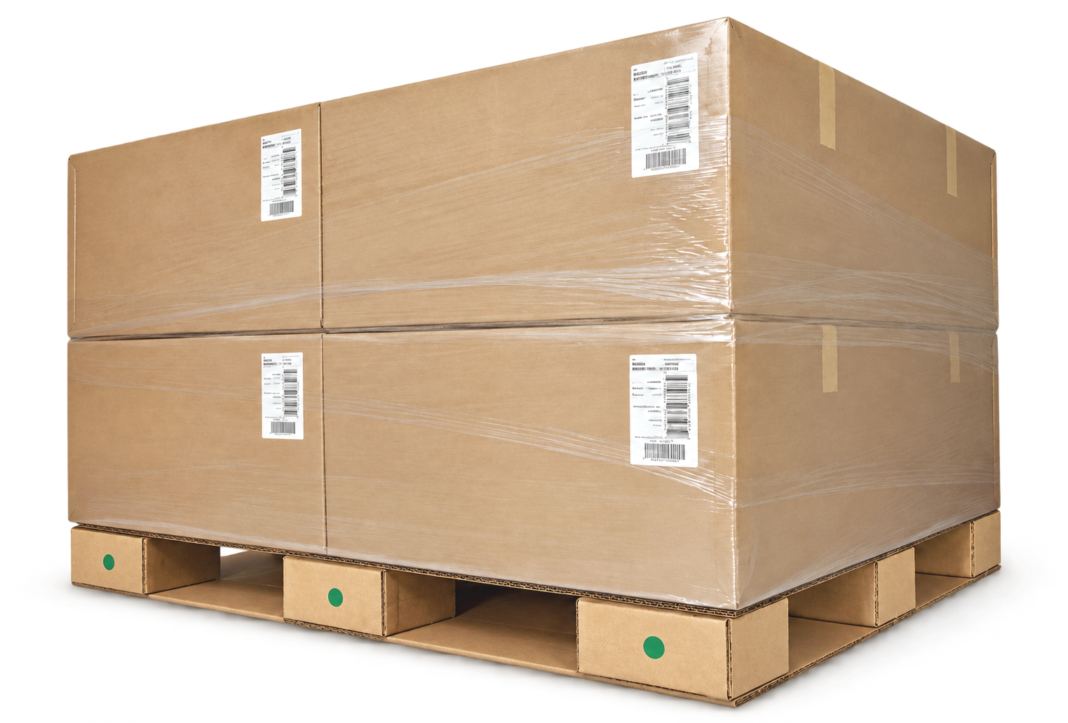 Stacked cardboard boxes on a corrugated pallet in a warehouse setting