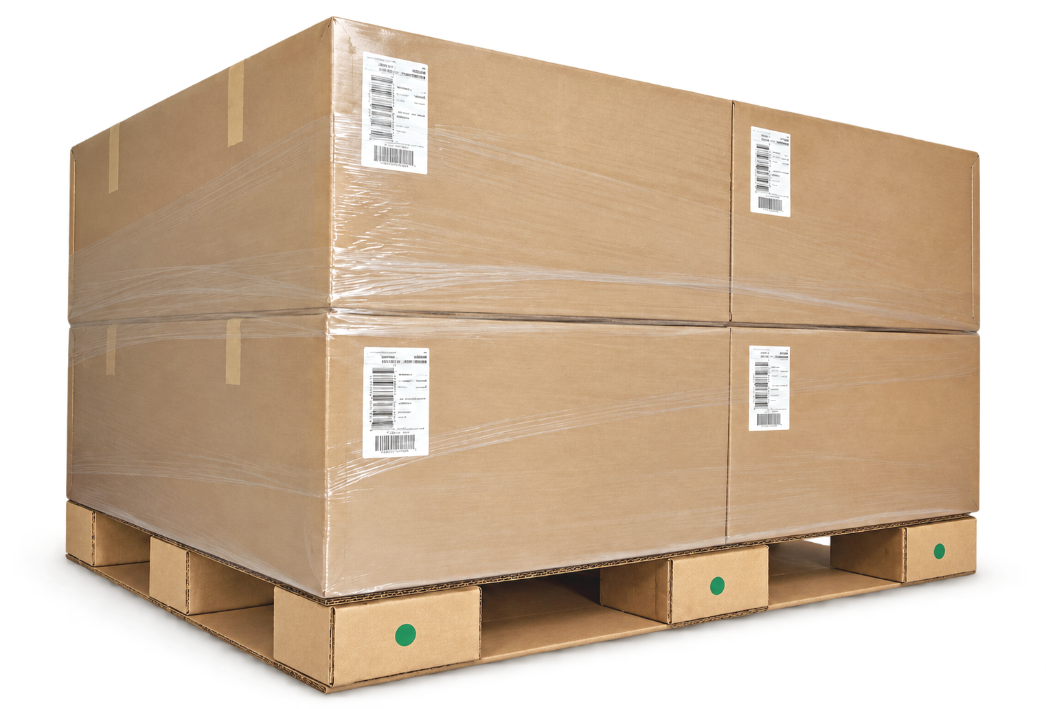 Corrugated cardboard shipping pallet loaded with boxes resting on a warehouse floor.