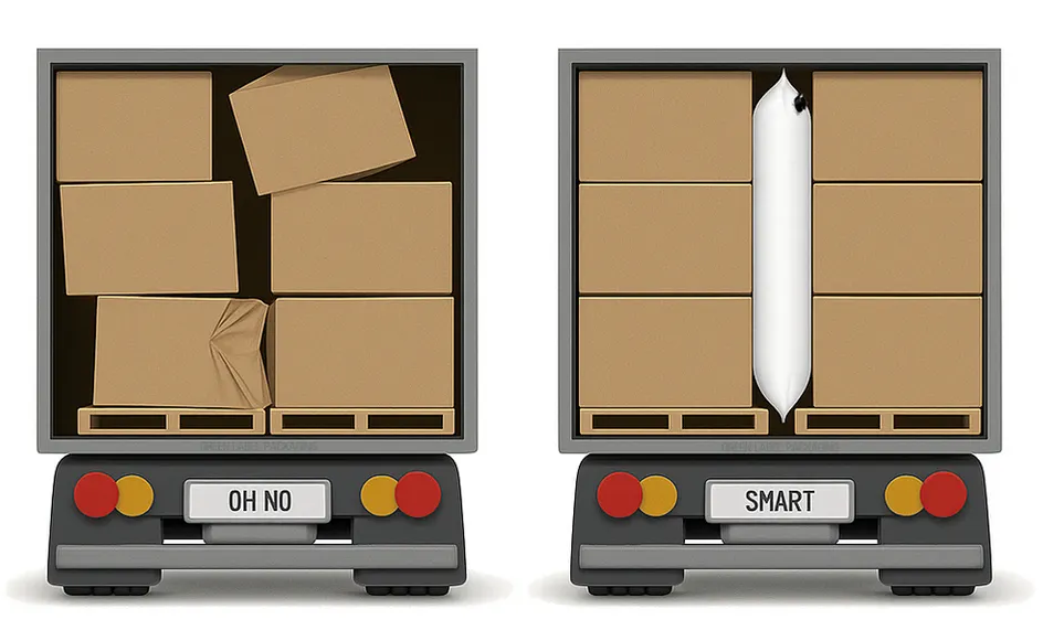 Two delivery trucks compare load packing: one haphazardly stacked, one neatly arranged with a dunnage airbag between boxes