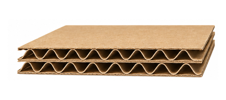 Flat corrugated cardboard sheet, brown with visible wavy inner layers. Double wall