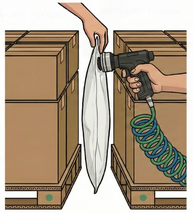 Placement of an airbag between two boxes illustration