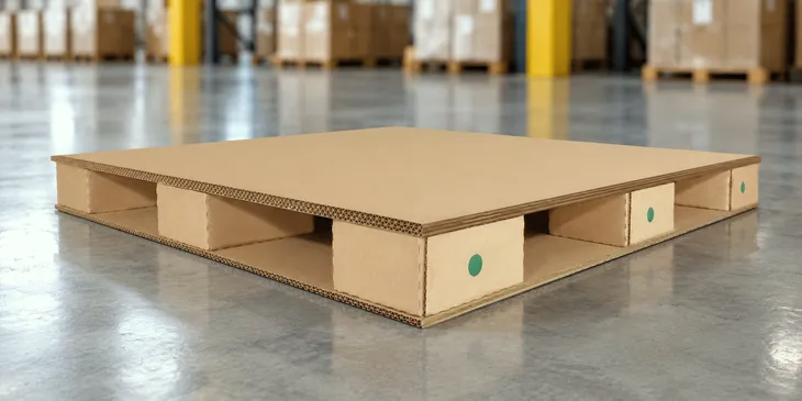 Corrugated cardboard shipping pallet resting on a warehouse floor.