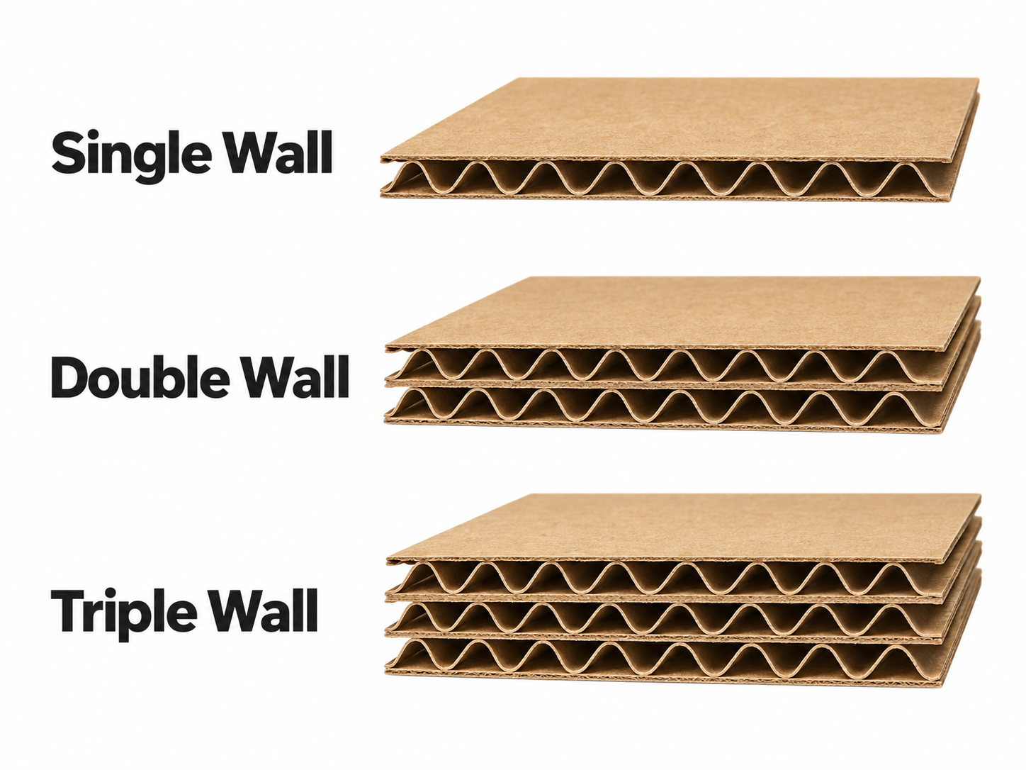 Diagram of corrugated cardboard layers labeled single wall, double wall, and triple wall