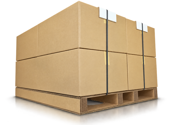 Corrugated pallet stacked with boxed goods in a warehouse