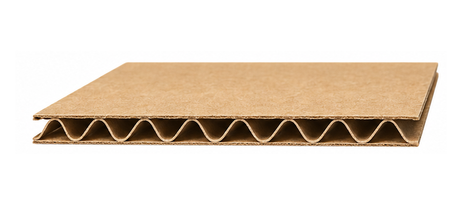Flat corrugated cardboard sheet, brown with visible wavy inner layers. Single wall