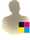 Silhouette of a person with CMYK color swatches, representing printing.