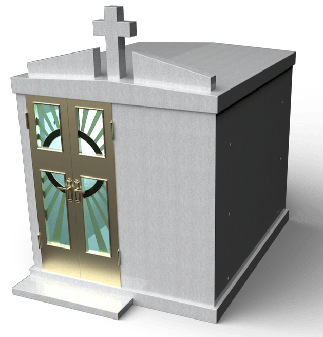 A small stone mausoleum with gold doors, a cross on the roof, and sunburst designs in the windows.
