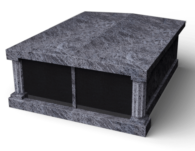 Granite mausoleum with a flat top, two pillars, and black interior.