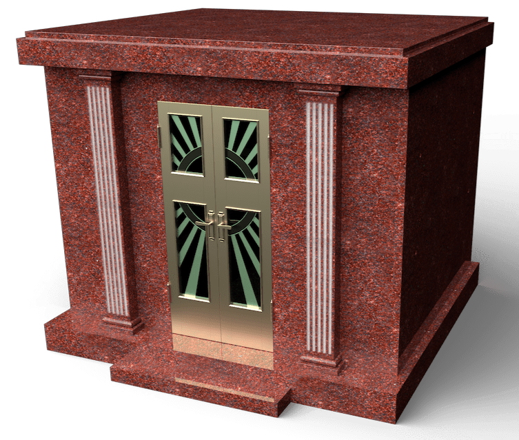 Red granite tomb with gold double doors and fluted columns.