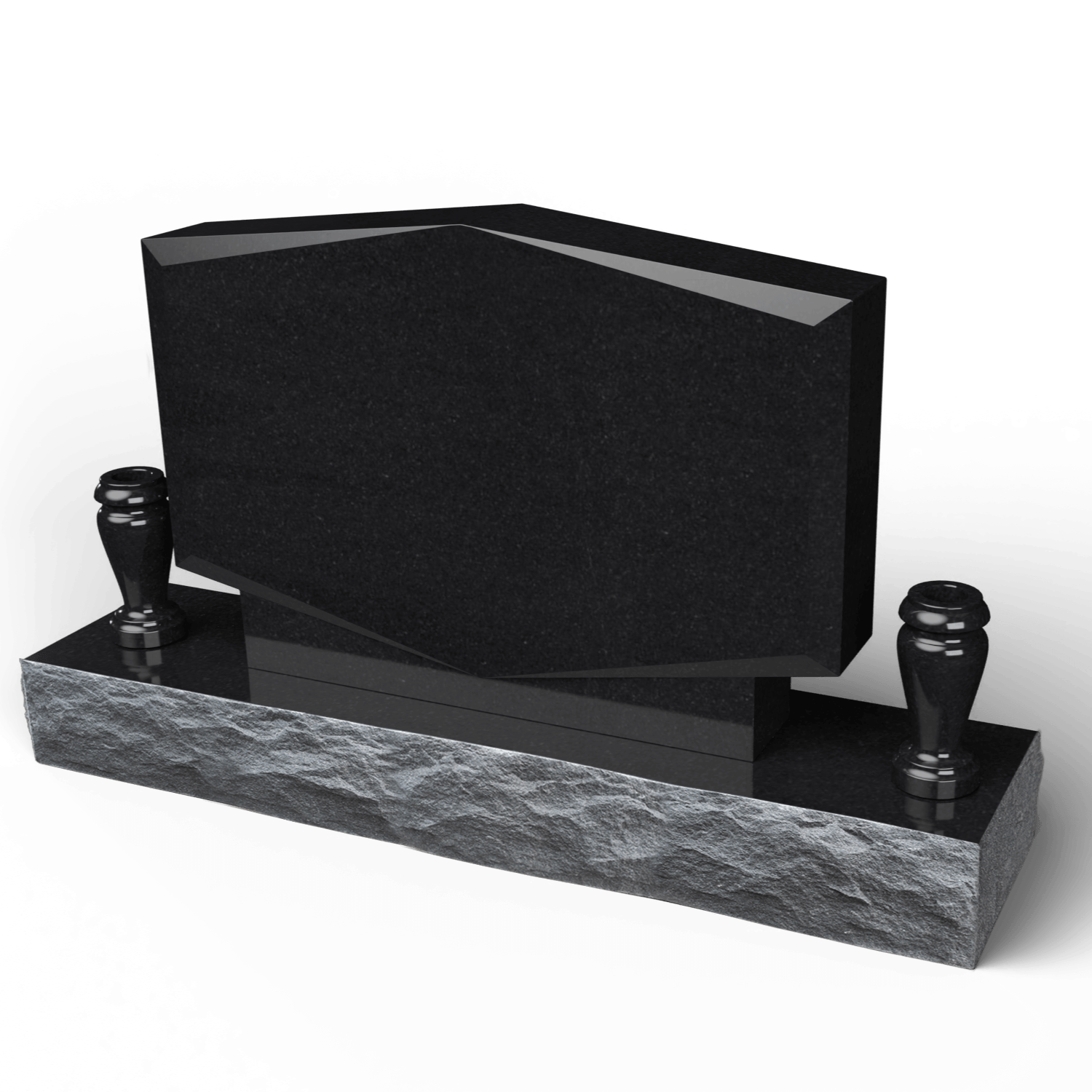 Black granite headstone with geometric design and two urn-shaped details on a rough-hewn base.