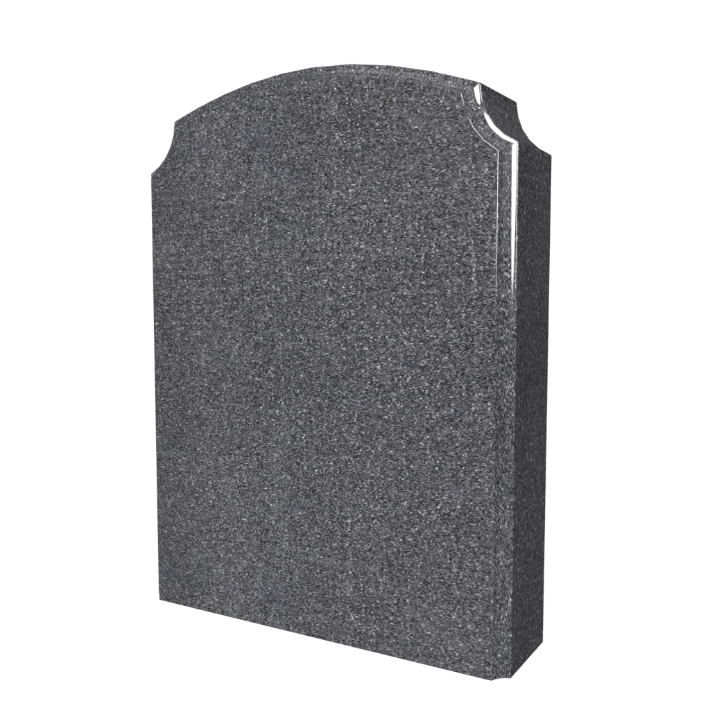 Gray granite headstone, arched top with decorative corners.