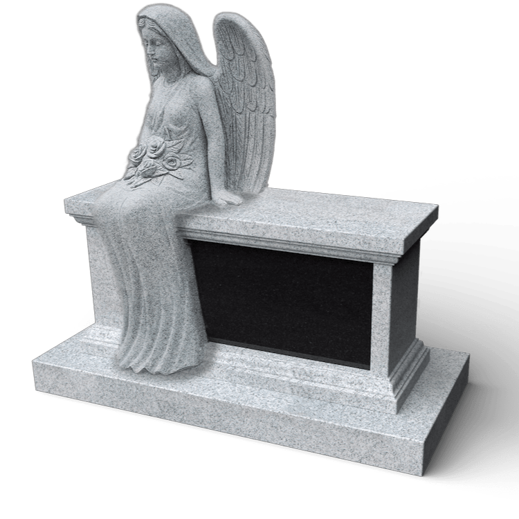 Stone angel statue seated on a gray granite memorial, holding roses.