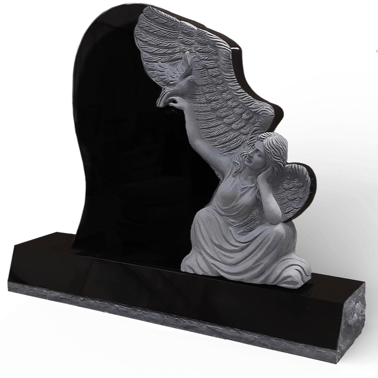 Black granite headstone with a carved angel, wings outstretched.