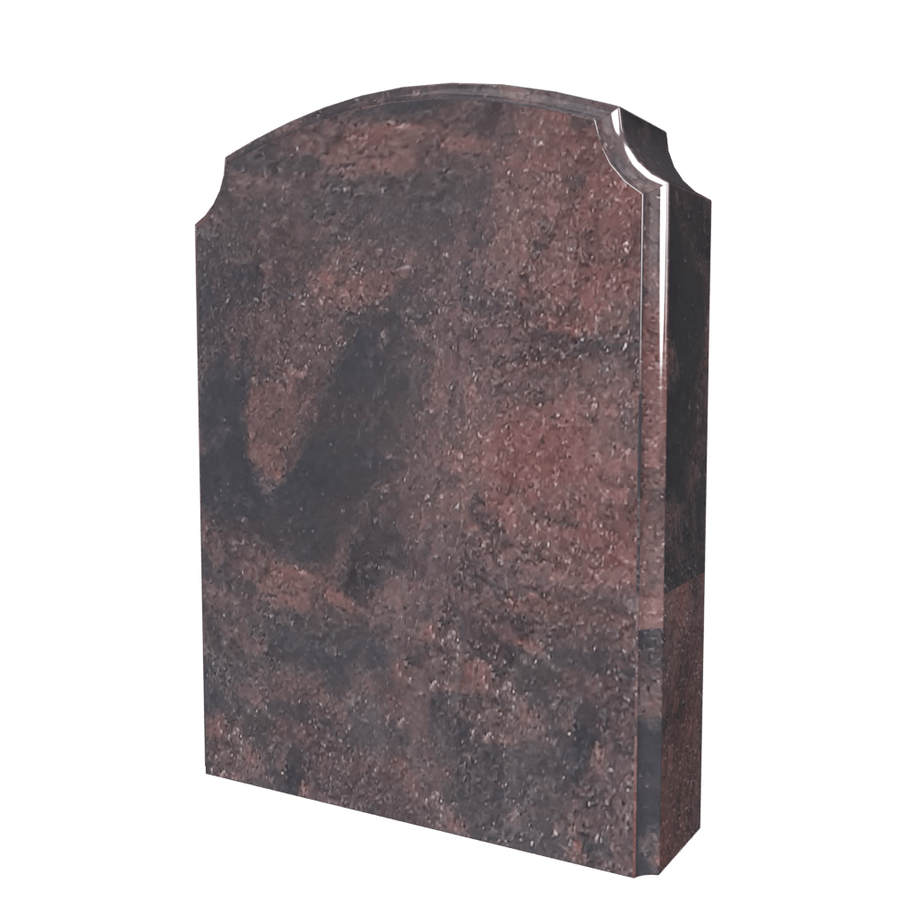 Brown granite headstone with rounded top and polished edges.