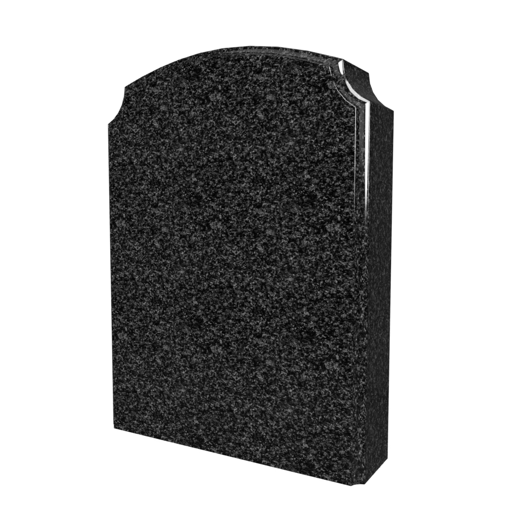 Black granite tombstone with rounded top, possibly for a grave.