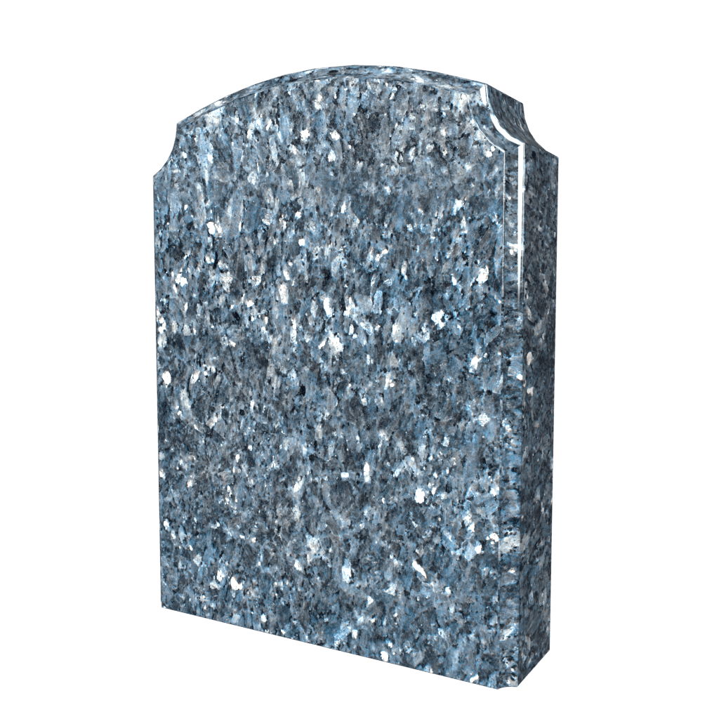Blue granite headstone with a rounded top and carved edges.