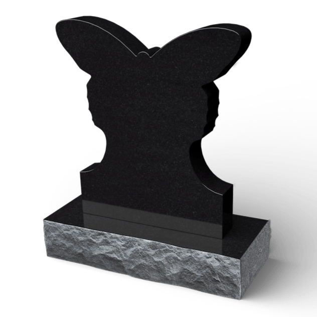 Black granite headstone in the shape of a butterfly, set on a gray stone base.