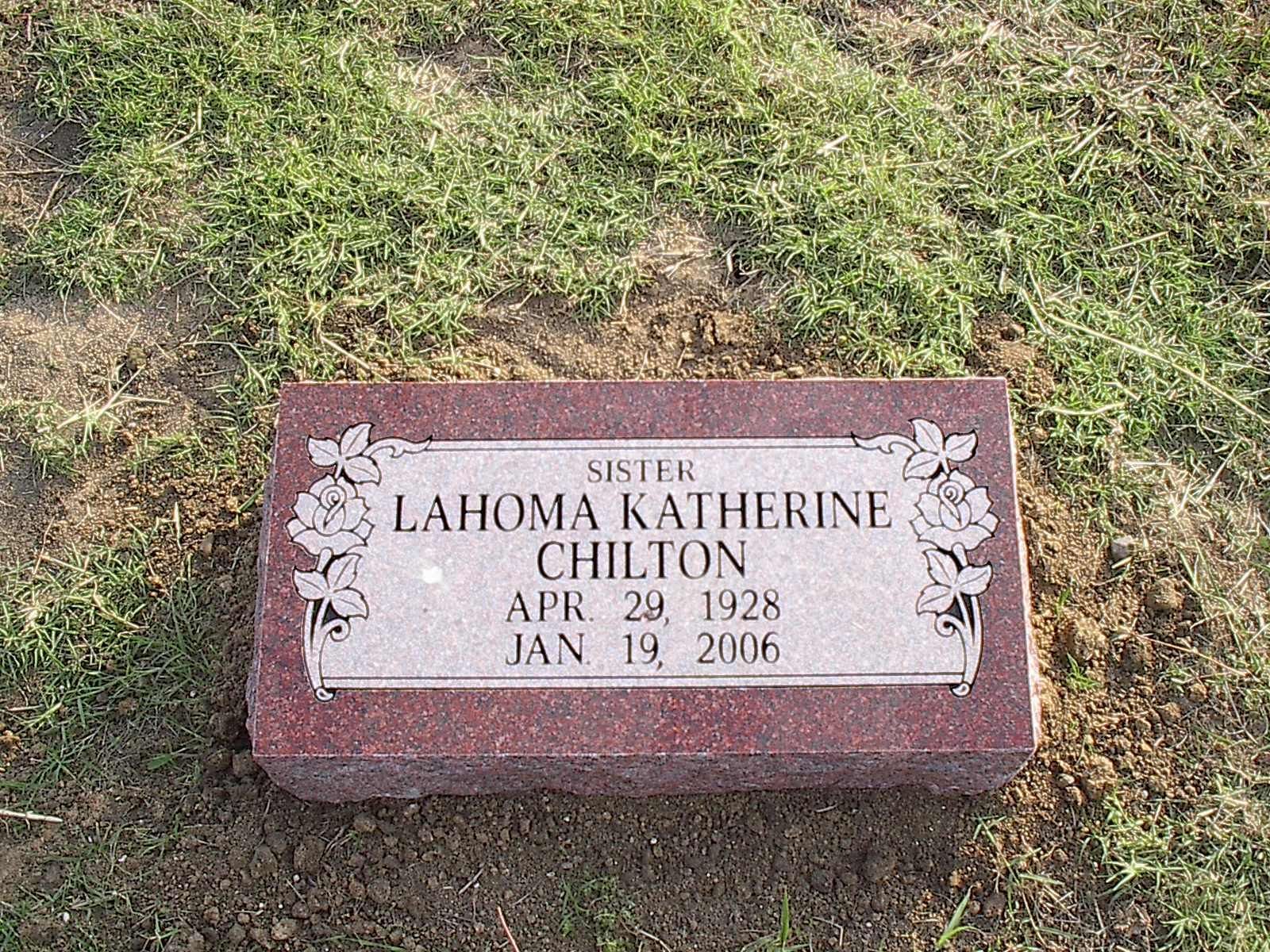 Headstone for Sister Lahoma Katherine Chilton, born April 29, 1928, died January 29, 2006. Pink granite in grass.