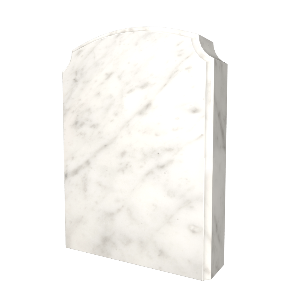 White marble tombstone with arched top, visible veining.