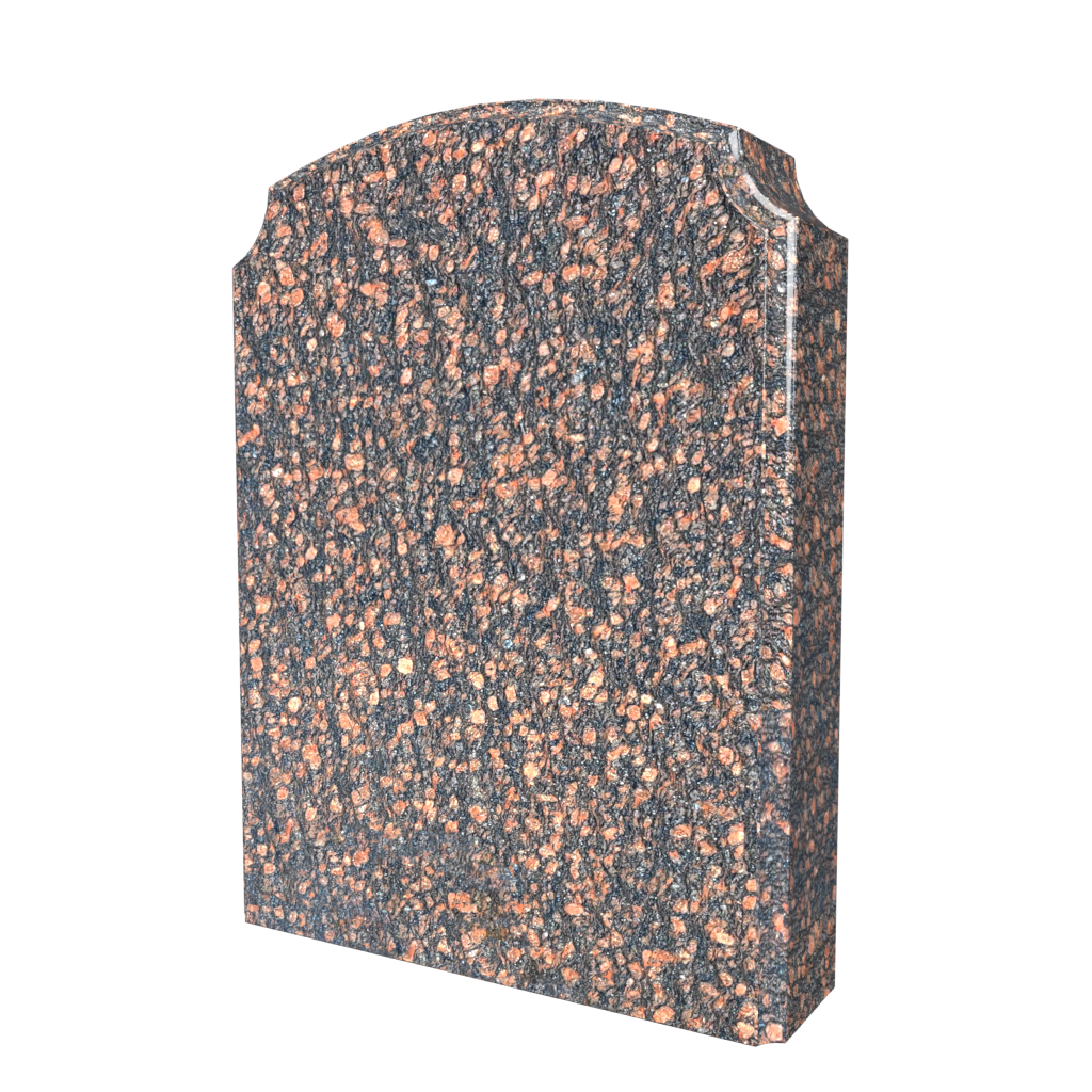 Gravestone with rounded top; speckled brown and black granite.