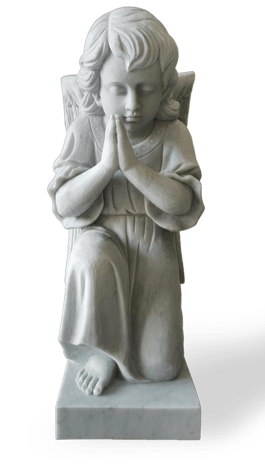 Stone angel statue kneeling in prayer, eyes closed, on a rectangular base.