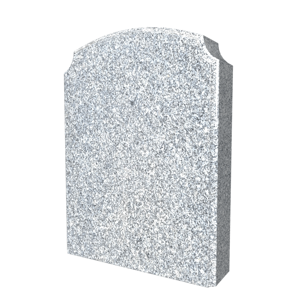 Gray granite headstone, rounded top, slight side indentation.