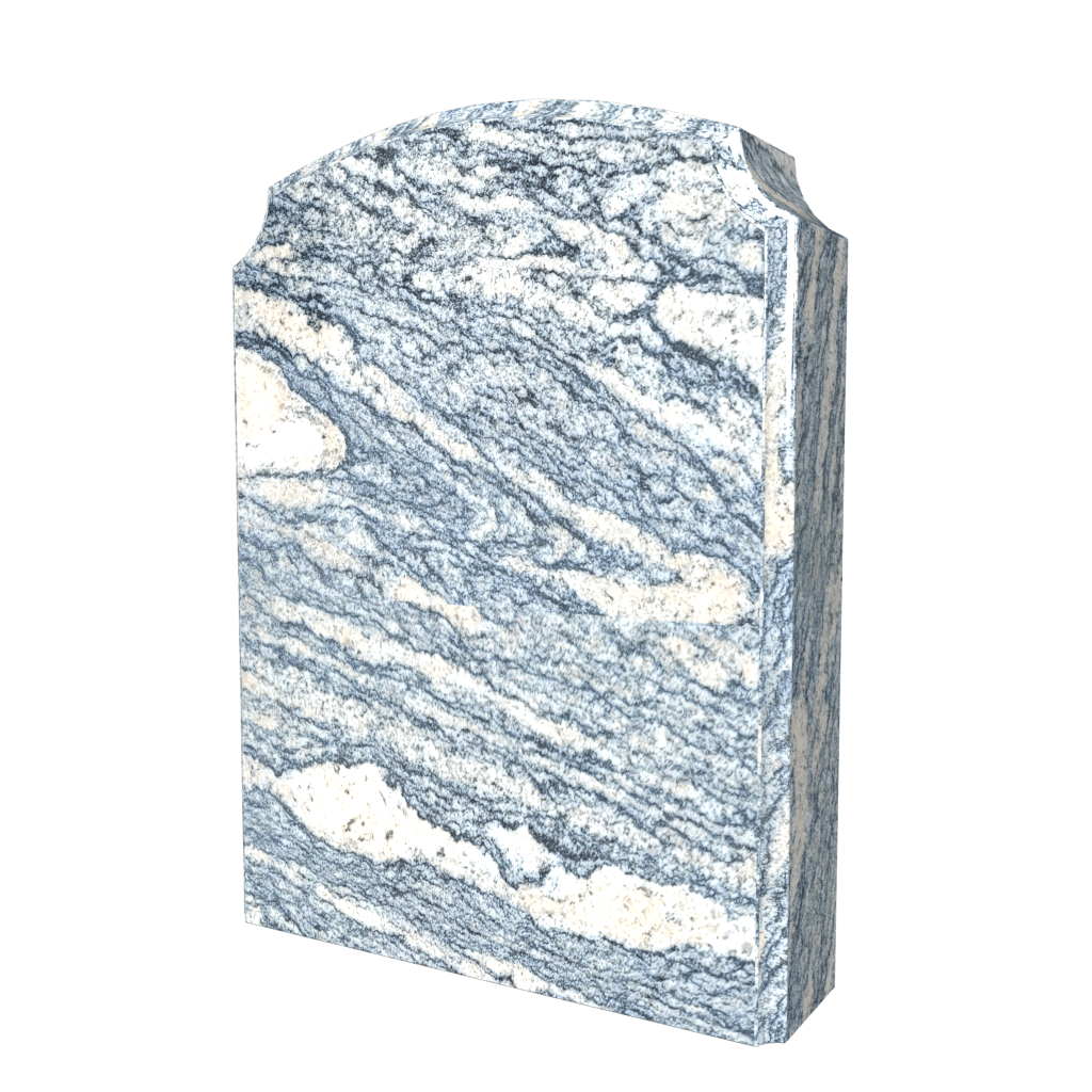 Headstone, marble, blue-gray veining, arched top.