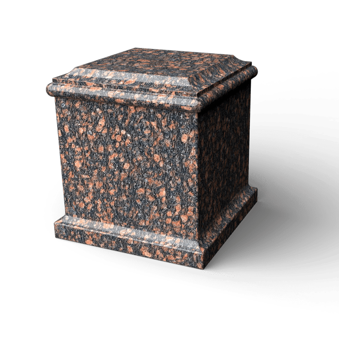 Granite urn, dark with copper-colored flecks, square with decorative top and base, on a white background.