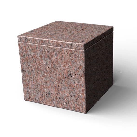A reddish-brown granite cube with a slightly recessed top, casting a shadow on a white background.