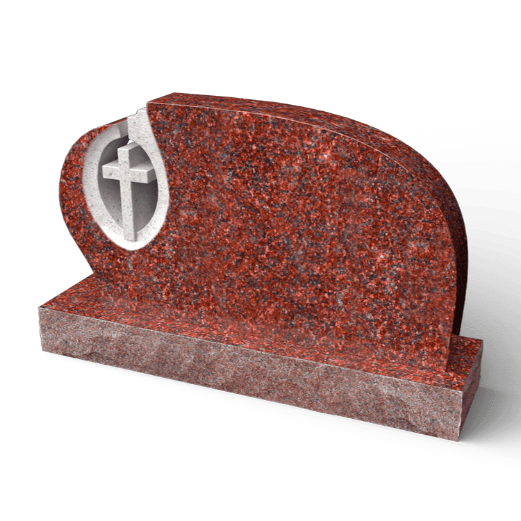 Red granite tombstone with a cross-shaped cutout.