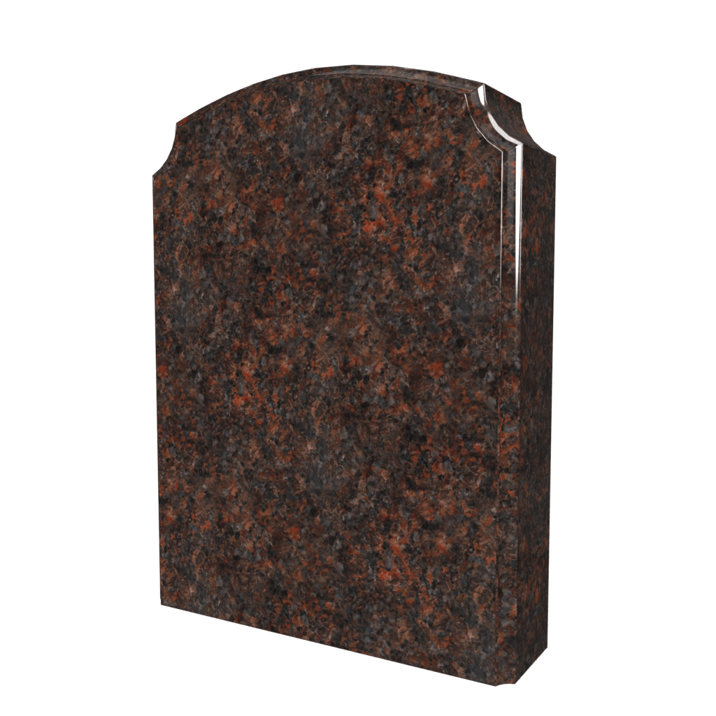 Brown granite headstone with curved top, isolated on white.