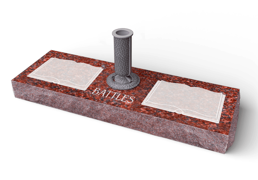 Red granite cemetery marker with two inset plaques and a central vase. The word 