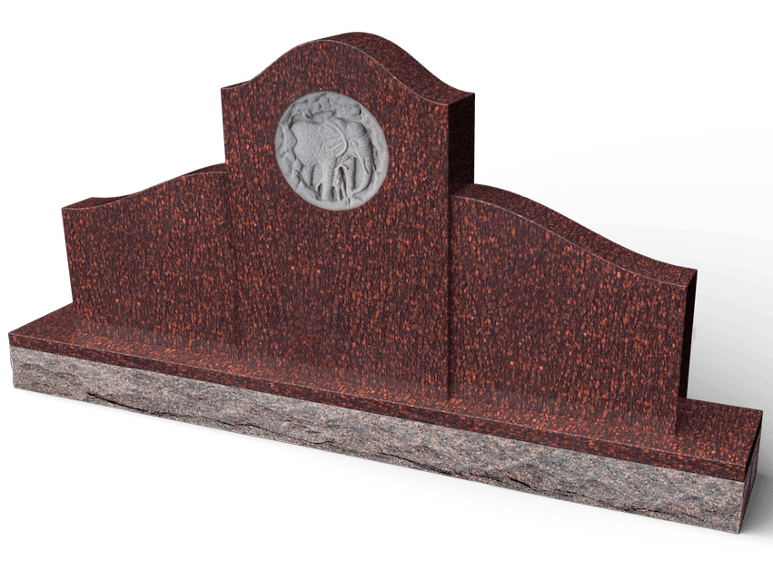 Red granite headstone with a circular emblem.