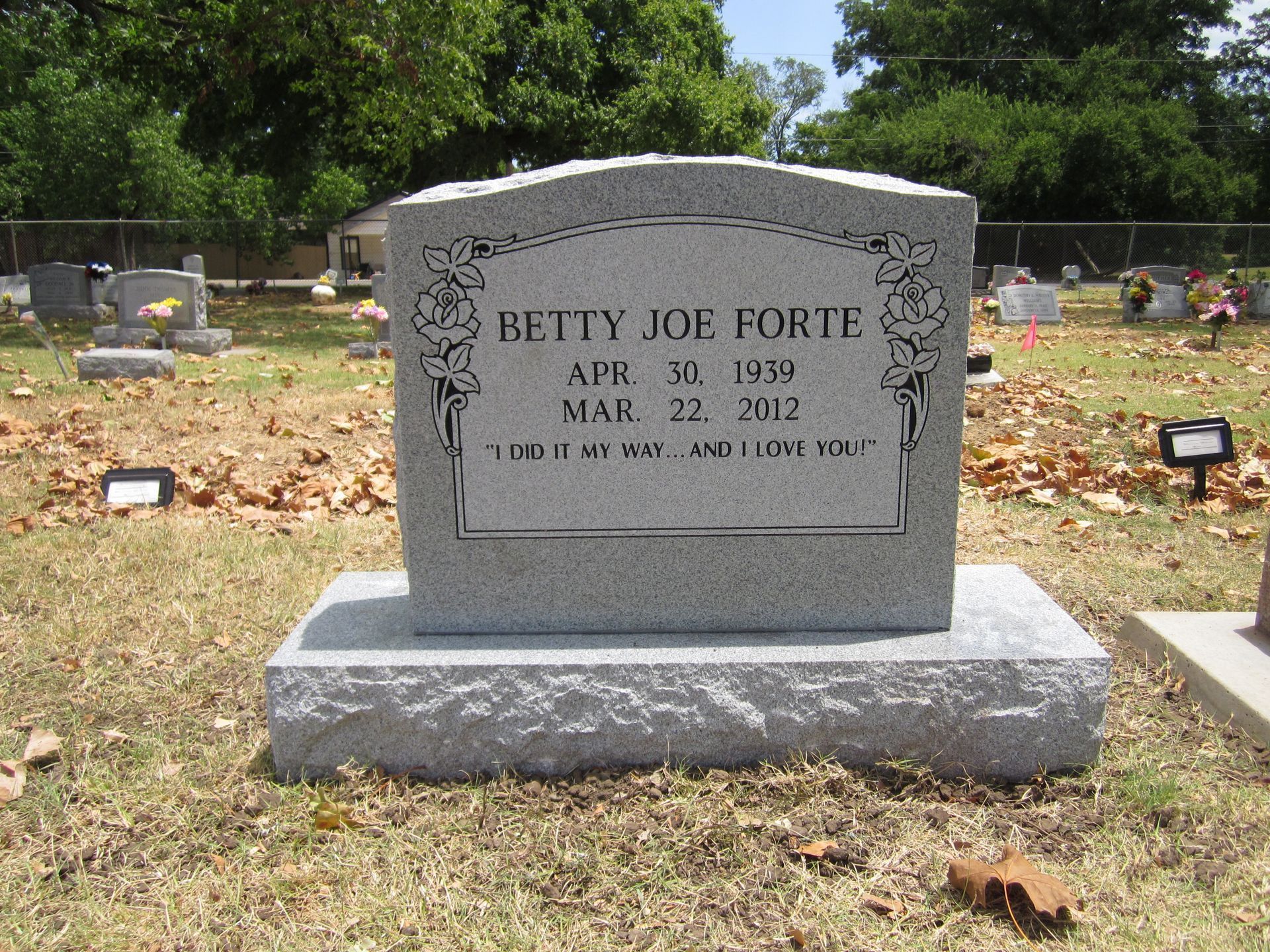 Tombstone of Betty Joe Forte in a cemetery; dates are April 10, 1959 - March 22, 2012.
