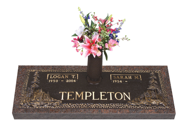 Bronze cemetery headstone with flowers, names 