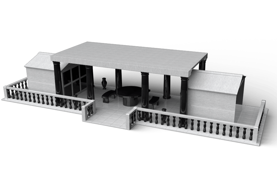 A gray and black model of a classical building with pillars, a covered area, and a surrounding balustrade.