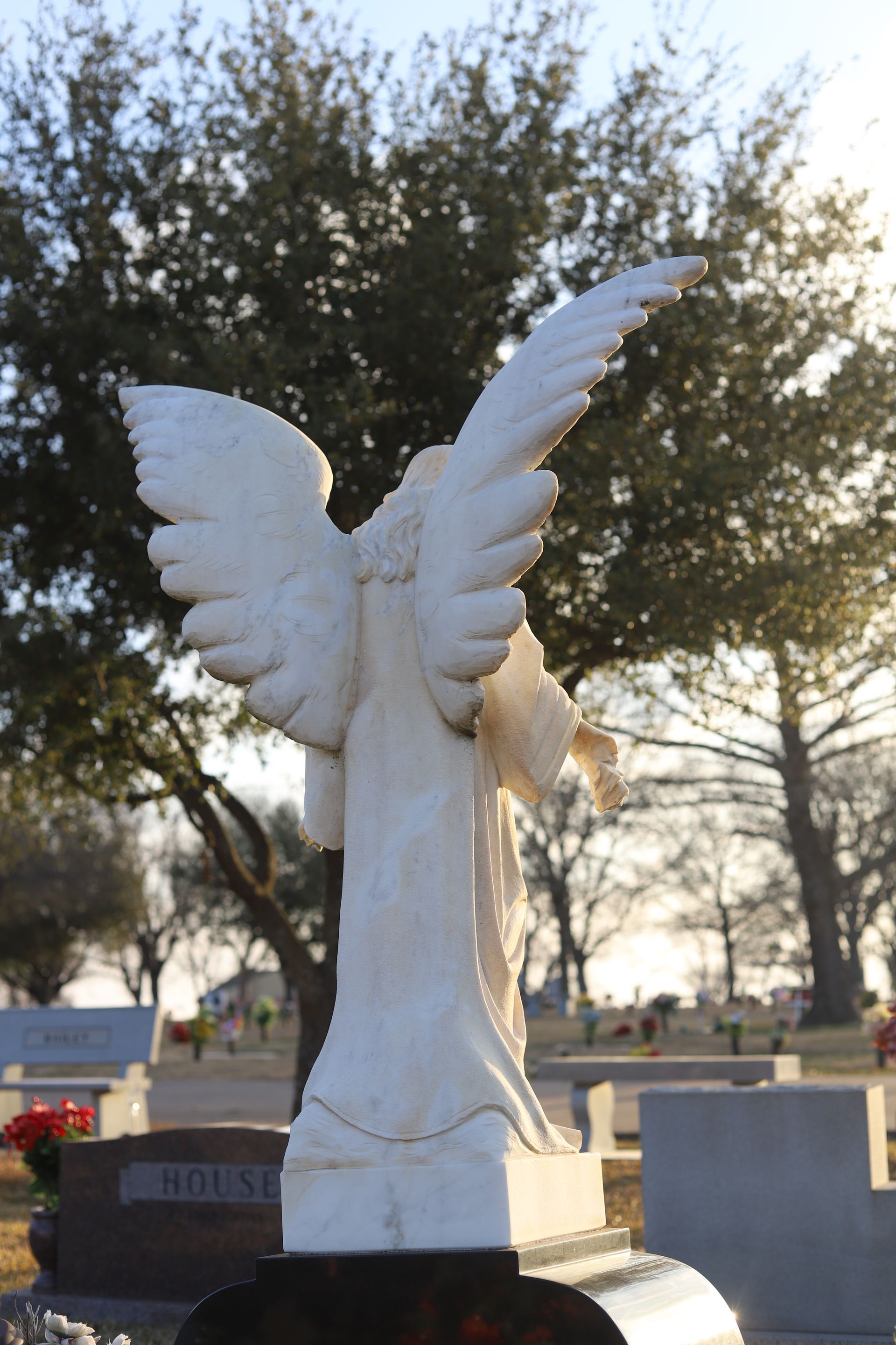 White angel statue with outstretched wings in a cemetery. Trees and tombstones in the background.