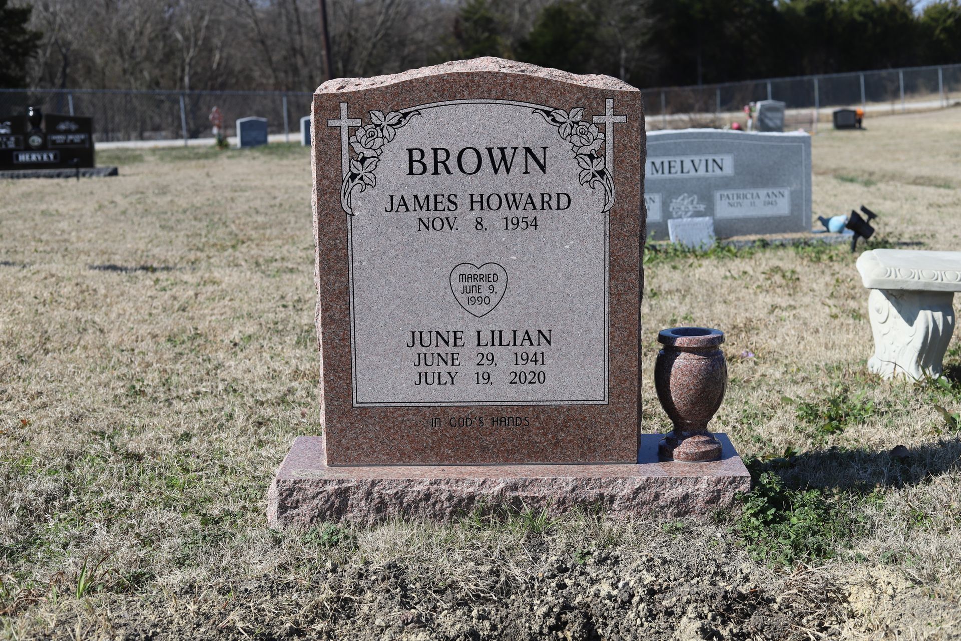 Headstone in a cemetery; Brown family name, James Howard (May 8, 1934), and Jele Lillian (June 3, 1940 - July 19, 2022).