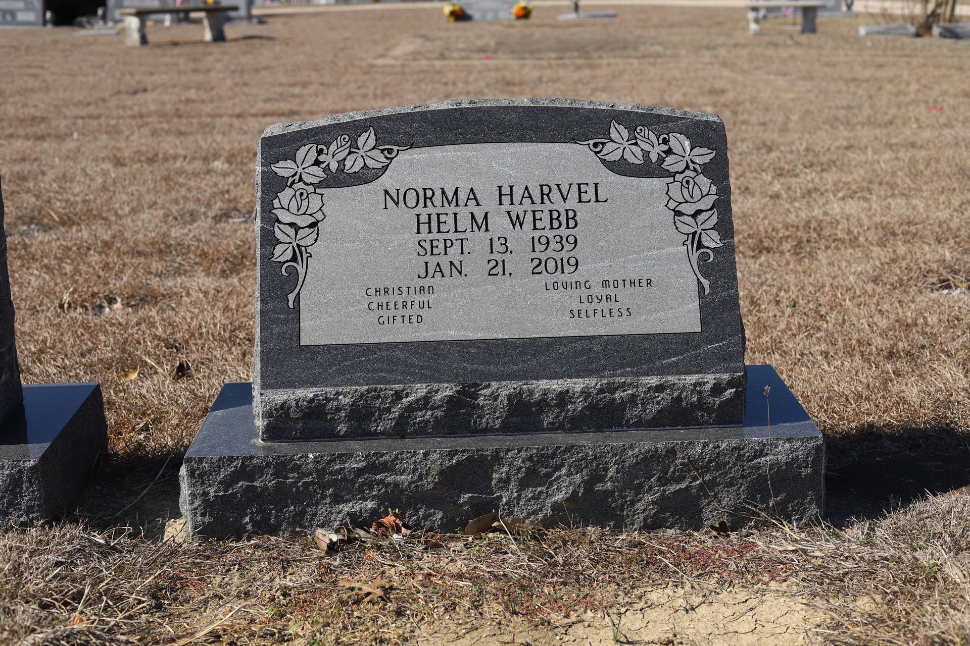 Headstone of Norma Marvel Helm Webb, with dates of birth and death.