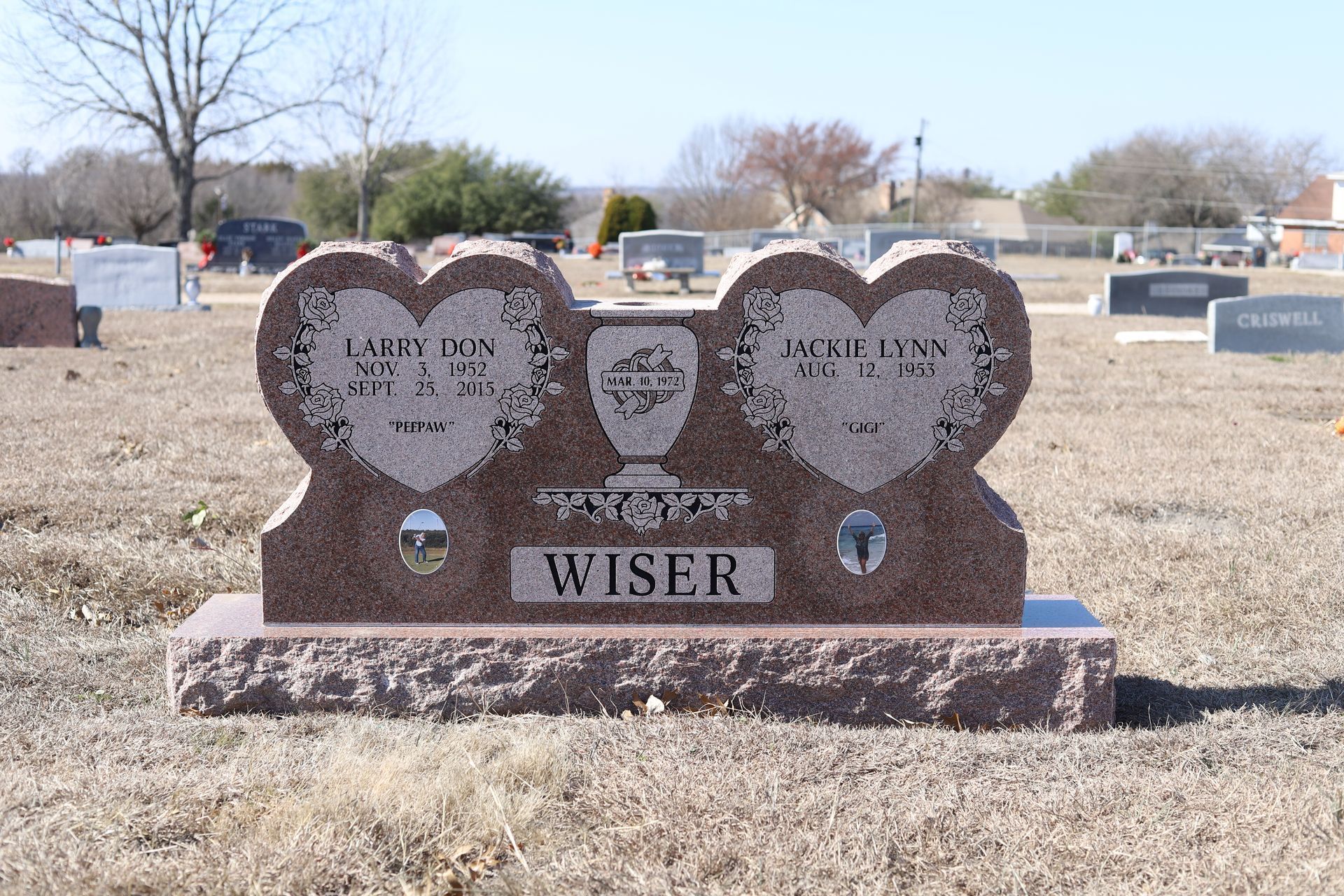 Headstone: Two heart-shaped panels with names, 