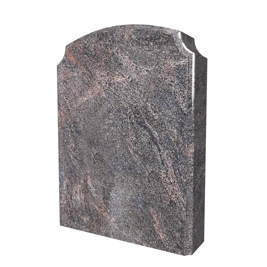 Granite headstone with arched top, various shades of gray and brown.