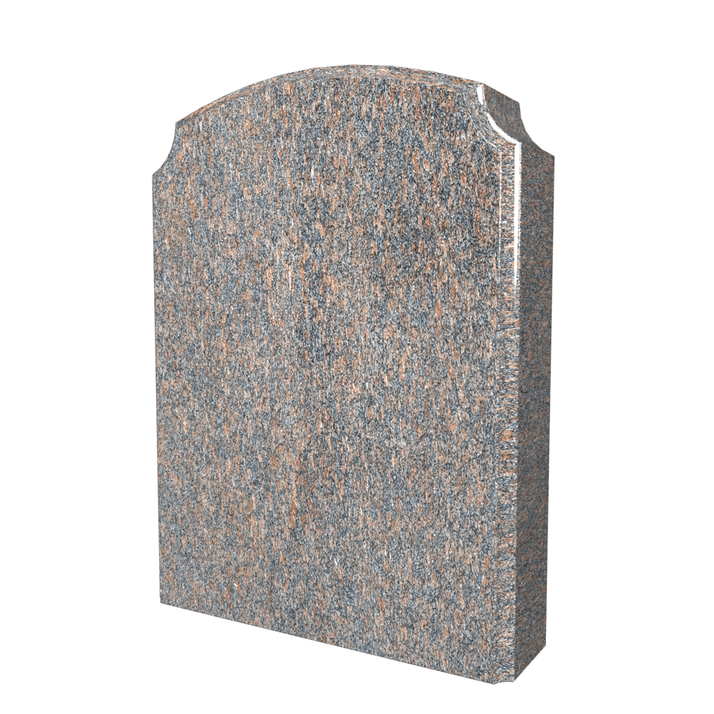 Granite headstone with arched top, speckled grey and pink.
