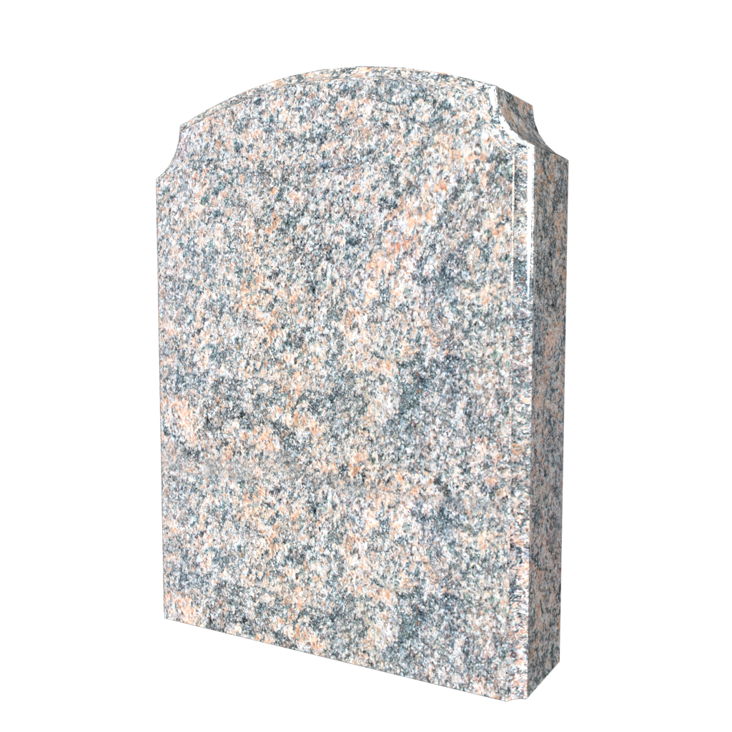 Tombstone with rounded top and granite texture, blue and pink specks.
