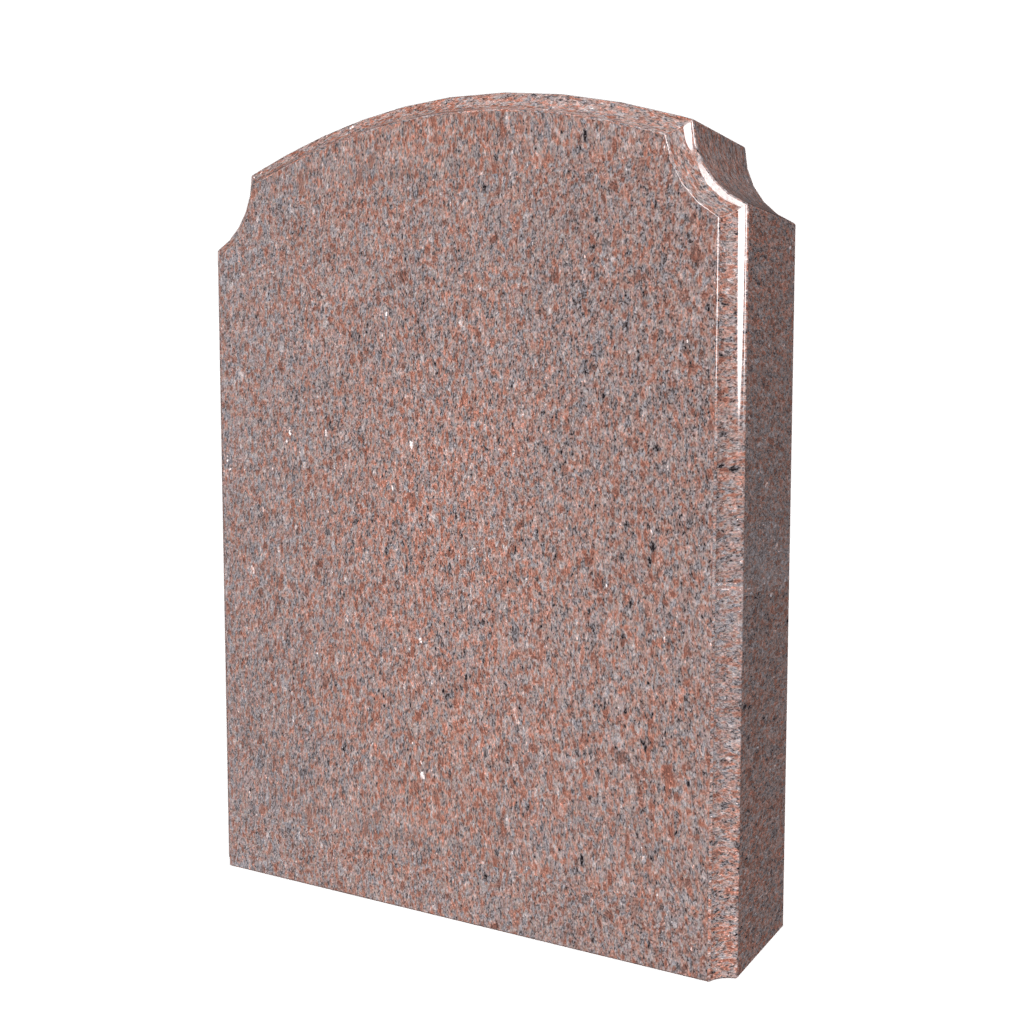 Red granite tombstone with an arched top and slight side indentations.