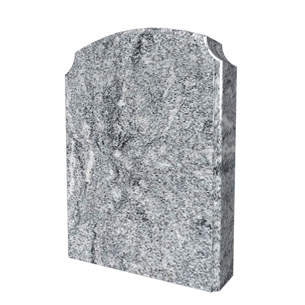 Gray granite headstone, rounded top, slight side indentation.