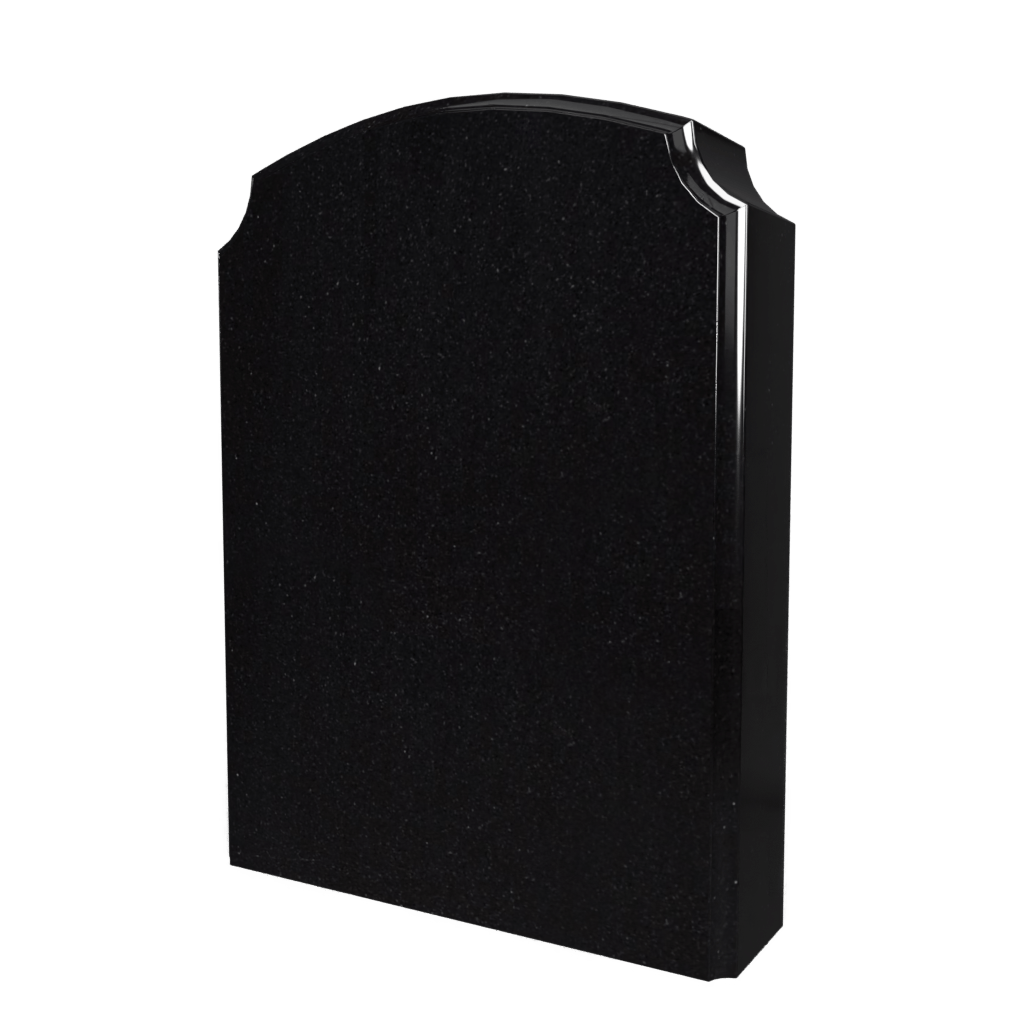 Black granite headstone with curved top, likely for a grave marker.